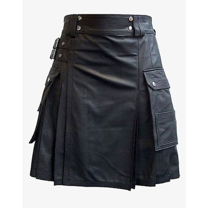 Black Leather Kilt With Cargo Pockets