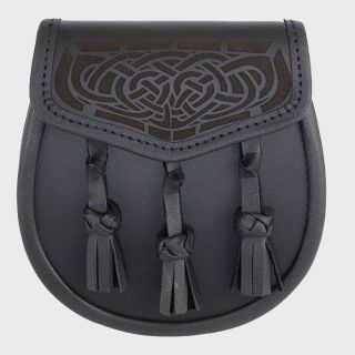 Black Leather with Laser Etched Celtic Design - Leather Sporran - Liberty Kilts