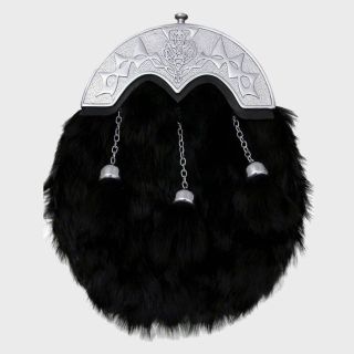Black Rabbit Fur Kilt Sporran Celtic Chrome Cantle - Full Dress Kilt Sporrans - Liberty Kilts