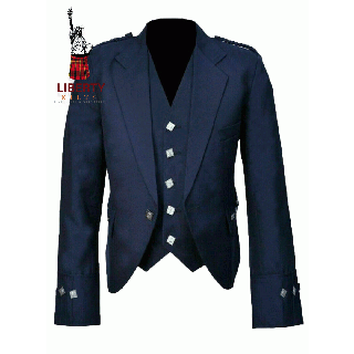 New Scottish Blue Wool Argyle Kilt Jacket With Waistcoat