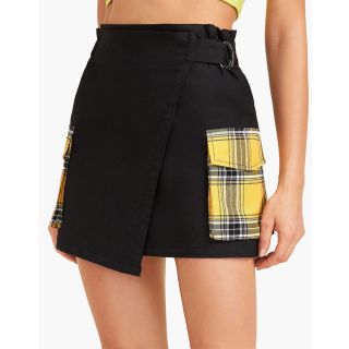Plaid Pocket Side Wrap Skirt