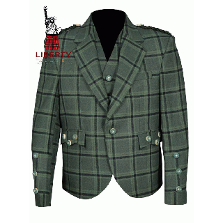 Liberty Style Lovat Green Tweed Argyle Kilt Jacket With 5 Button Vest